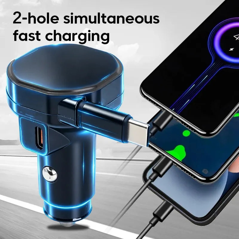 60W USB-C Car Charger with Retractable Cable & Dual Ports
