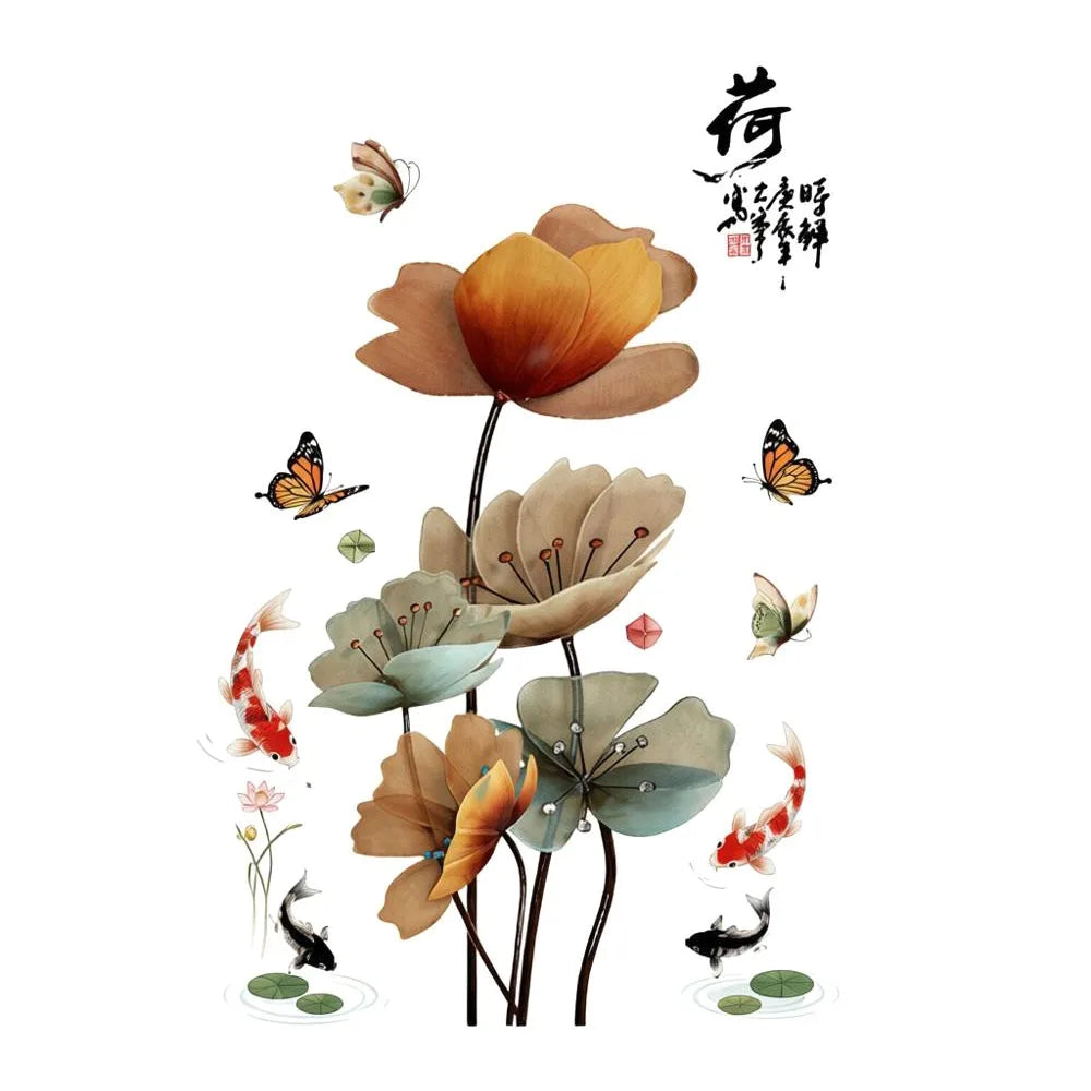 Koi Fish Lotus 3D Static Cling Glass Window Wall Decal