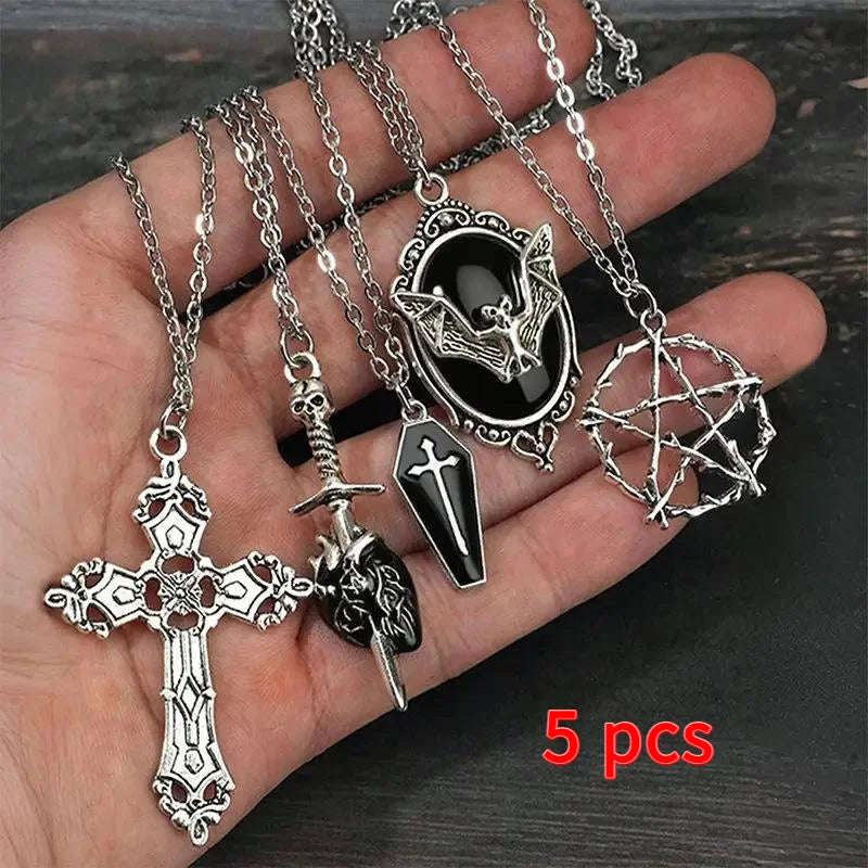 Gothic Pendant Necklace Set – 5 Pcs Heart, Bat & Cross