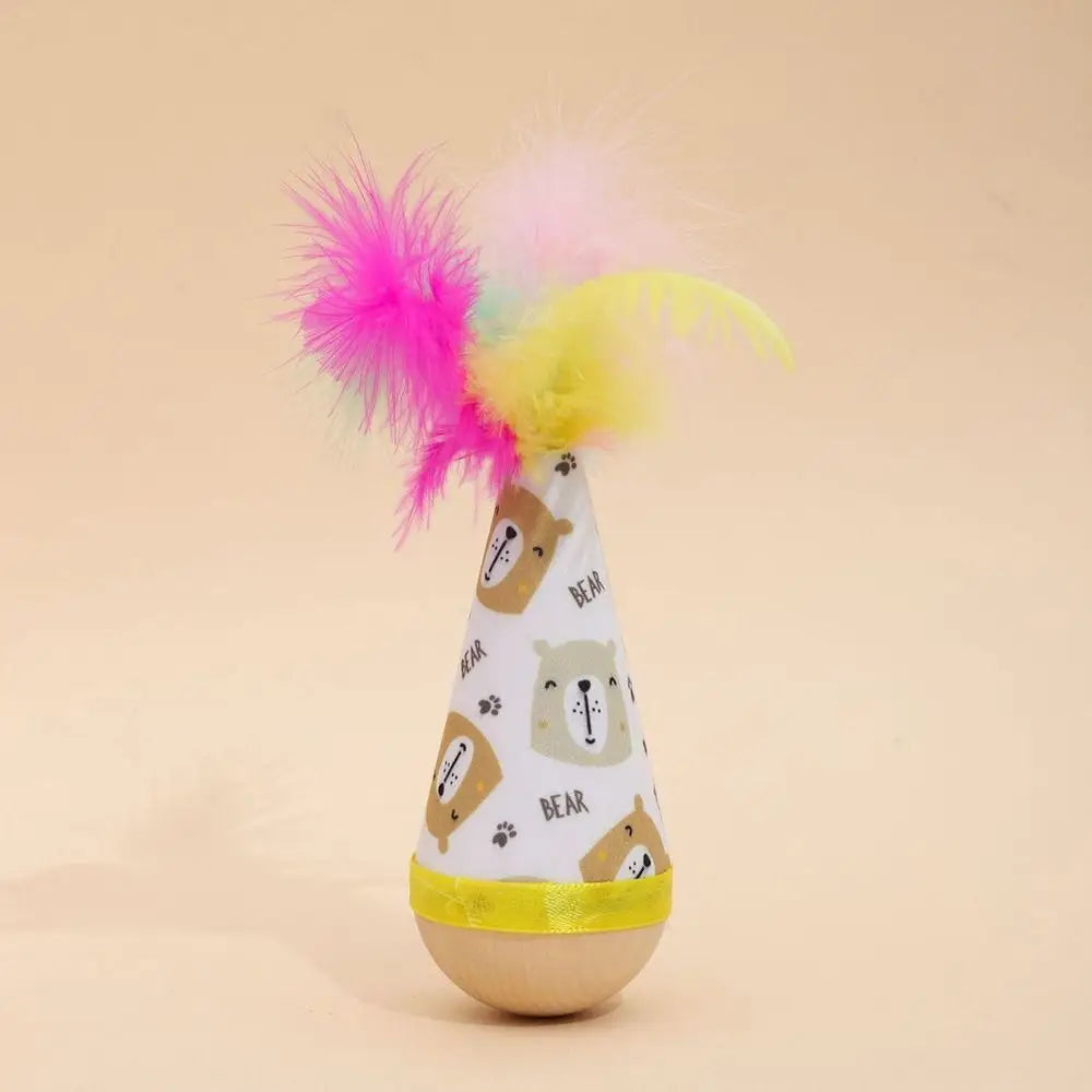Wooden Tumbler Cat Toy – Feather Wobbler, No Batteries Needed