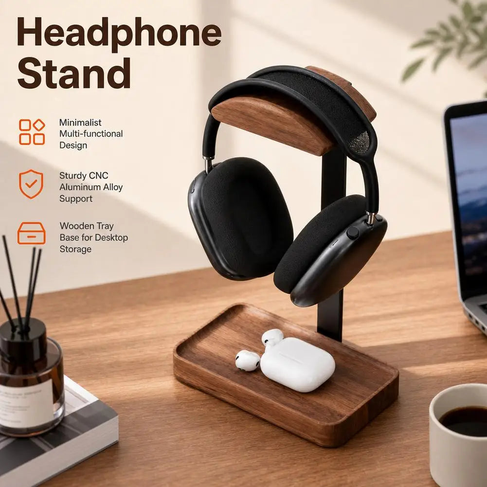 Walnut Wood & Aluminum Headphone Stand with Storage Tray