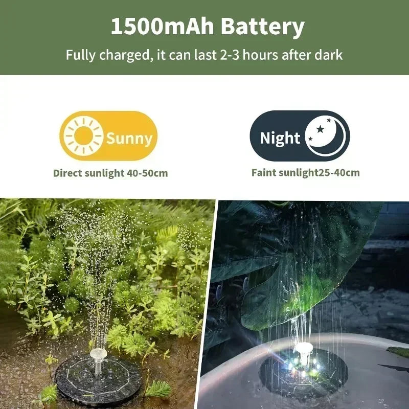 Solar Fountain 7-Color LED Lights 6 Nozzles – Outdoor Bird Bath
