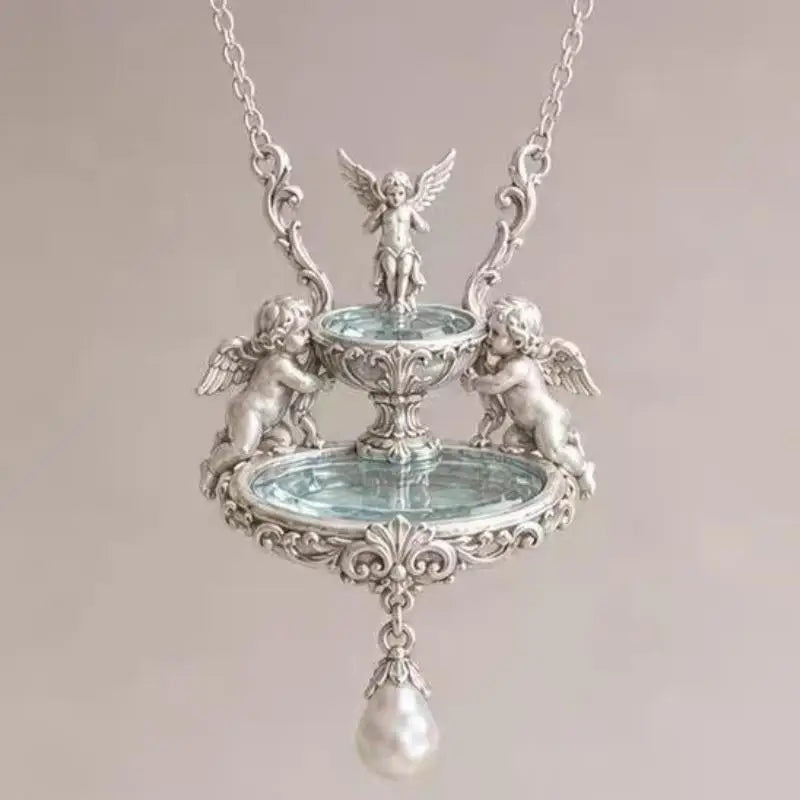 Vintage Angel Pendant Necklace – Baroque Pearl & Enamel Chain