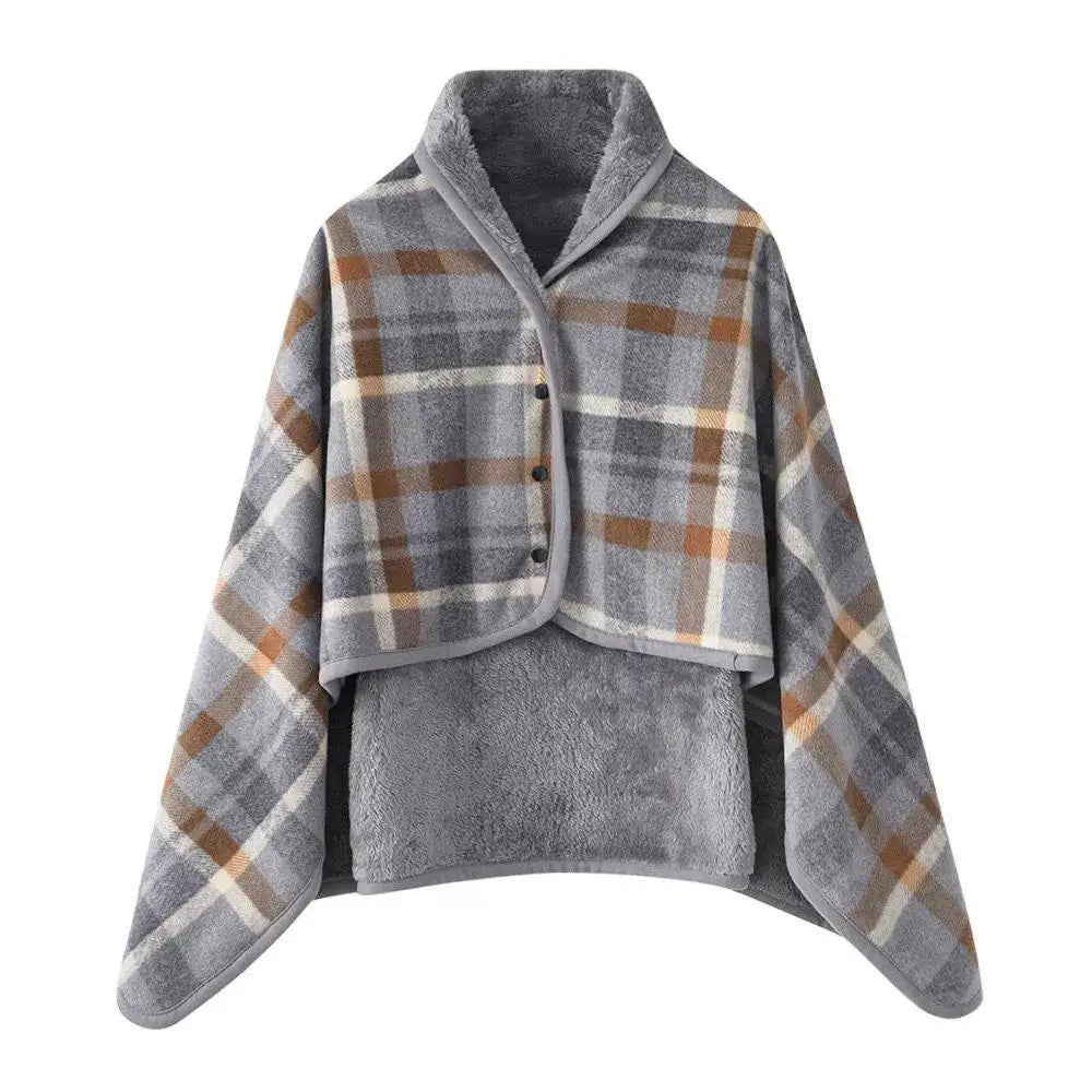 Wearable Plaid Blanket Shawl Wrap with Buttons | Fleece Throw