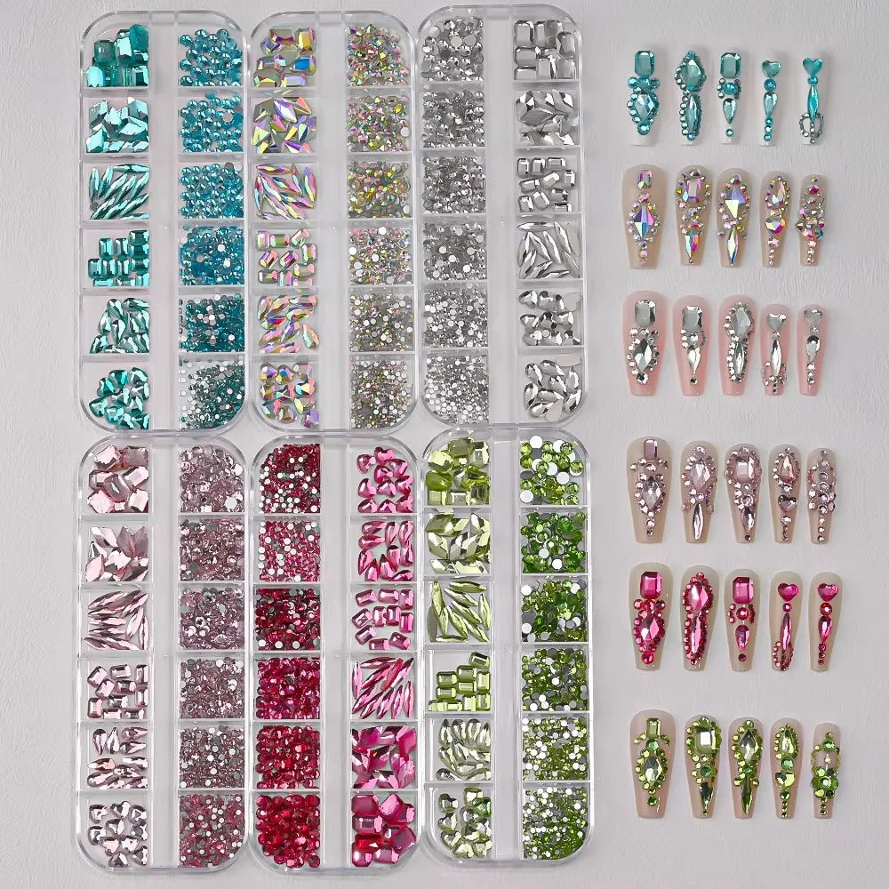 12-Grid 3D Nail Art Rhinestones – Mixed Flatback Gems & Charms