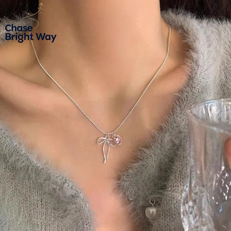 Pink Zircon Bow Pendant Necklace – Adjustable Chain for Women