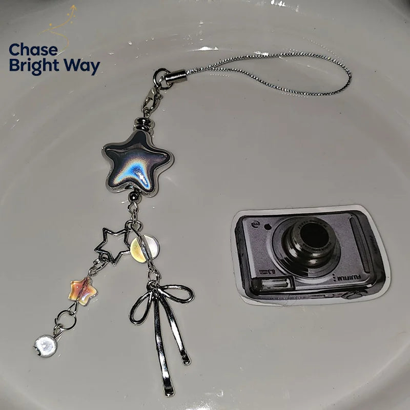 Y2K Metal Star & Bow Phone Charm Lanyard Keychain – Silver