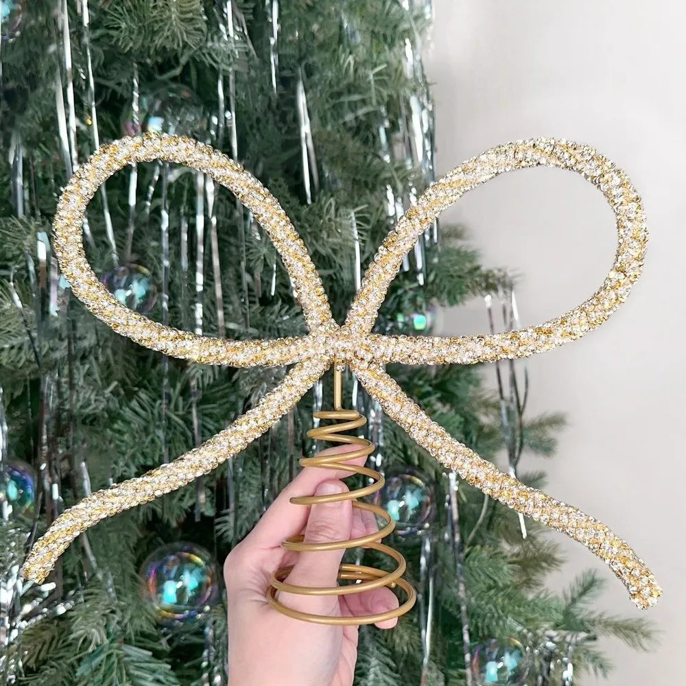Rhinestone Bow Christmas Tree Topper – Gold & Silver Metal