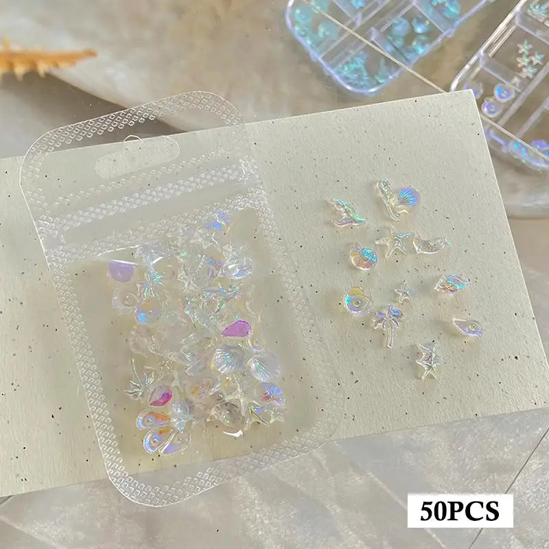 50-Pc Ocean Nail Charms Aurora Shell Starfish Mermaid DIY Set
