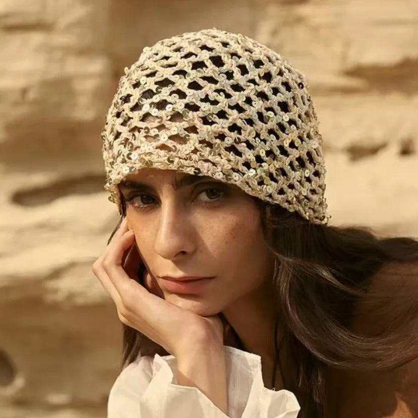 Y2K Sequined Crochet Fishnet Hat – Women's Summer Pullover Cap