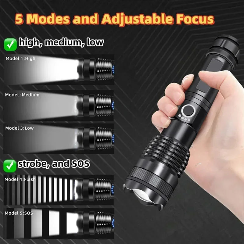 SAMMY XHP50 LED Flashlight 90000LM Zoomable USB Rechargeable Torch
