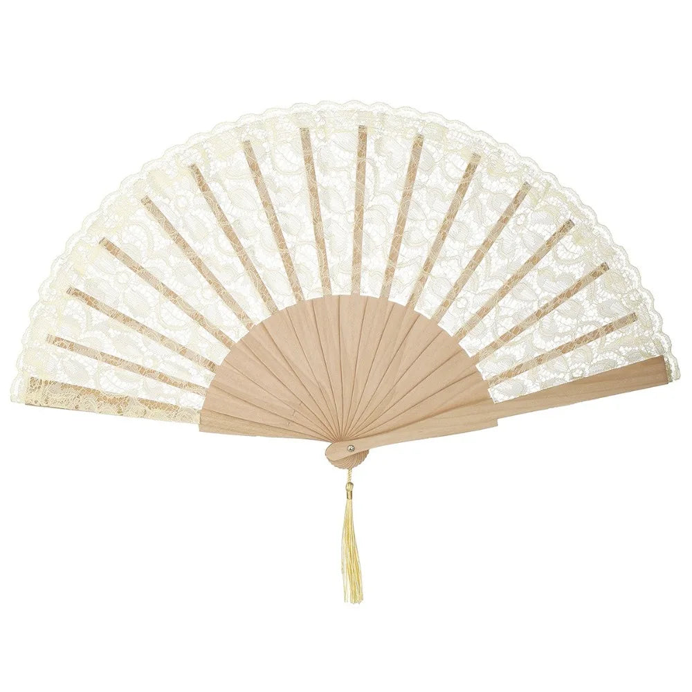 Vintage Chinese Lace Folding Fan – Flower Tassel Wood Hand Fan