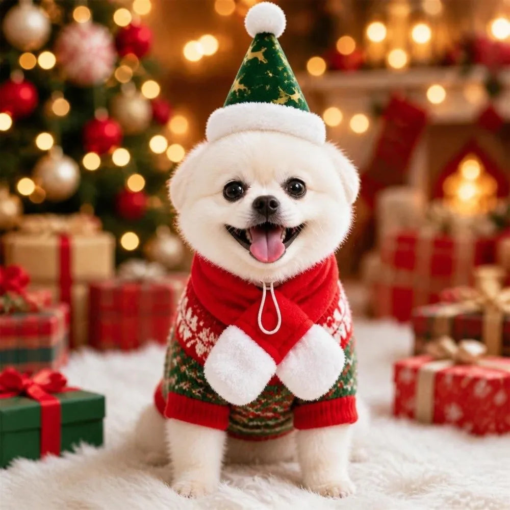 Christmas Dog & Cat Scarf Hat Set – 2-Piece Winter Pet Collar