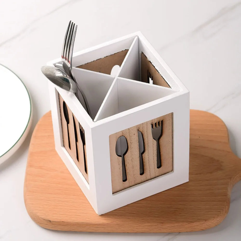 Wooden 4-Compartment Cutlery Holder – 2L Countertop Organizer
