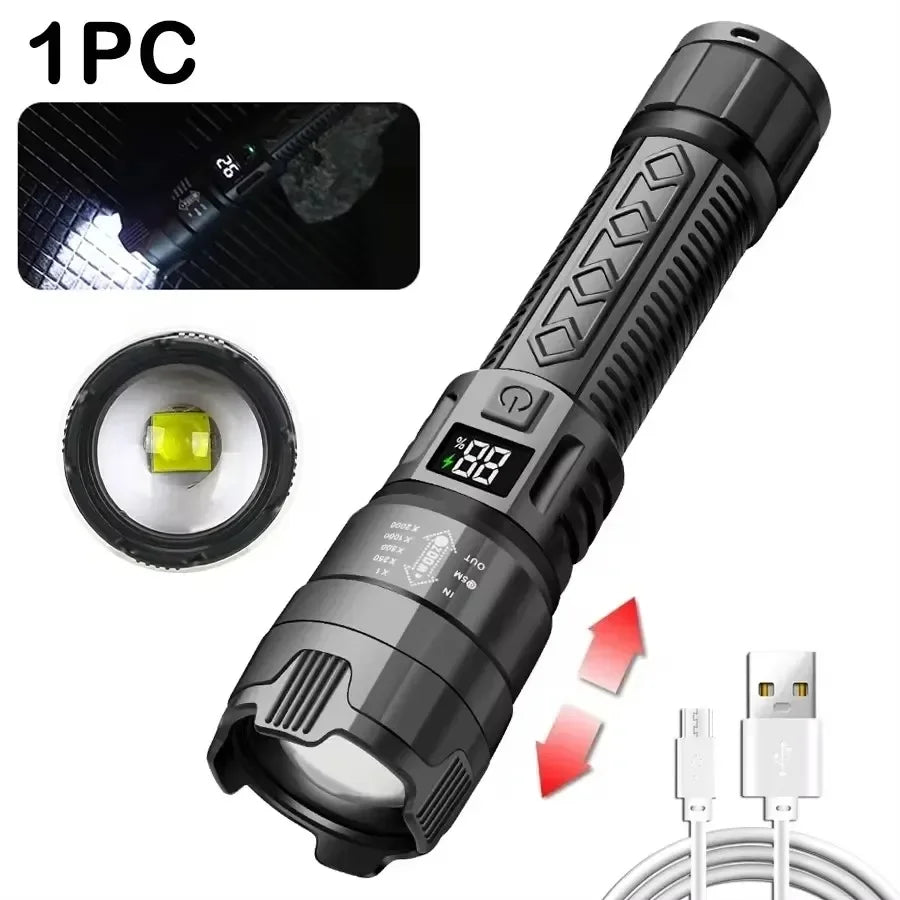 Tactical LED Flashlight 300000LM USB-C Rechargeable Zoom Torch
