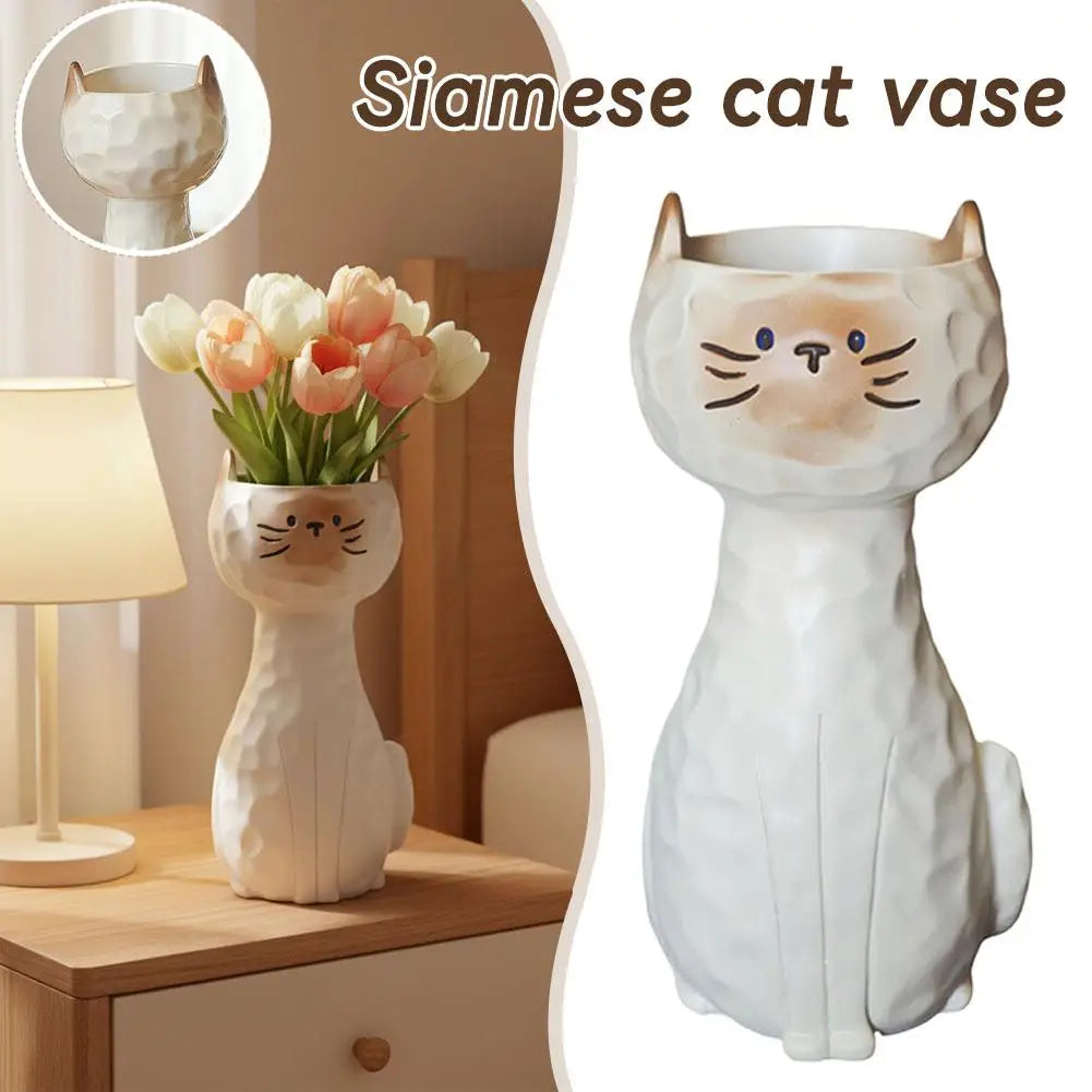 Resin Siamese Cat Vase – Cute Desktop Flower Pot Home Décor