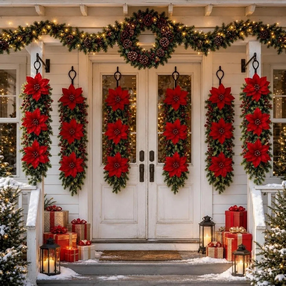 Poinsettia Christmas Swag Garland – Red Berry Pine Wall Decor