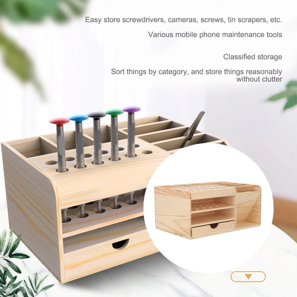 Wooden Desktop Tool Organizer – Multi-Compartment Storage Rack