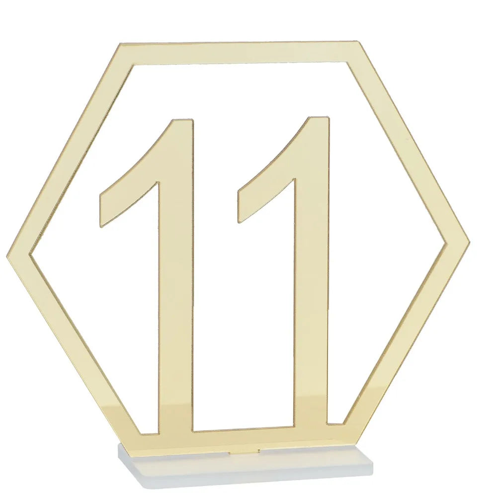 Hexagon Acrylic Table Numbers 1–15 with Stands | Dark Green Gold