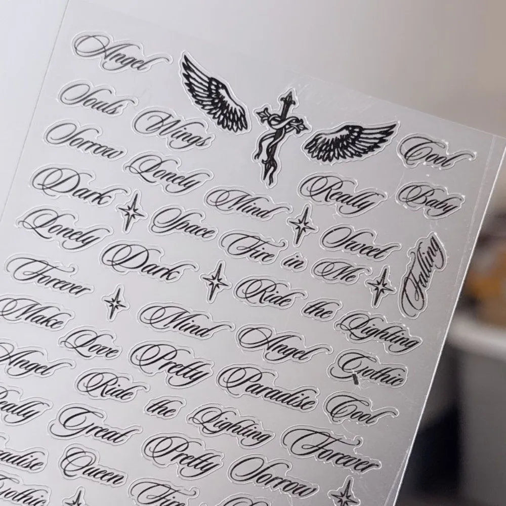 Y2K Wing & Letter Nail Art Stickers – Black & White Decals