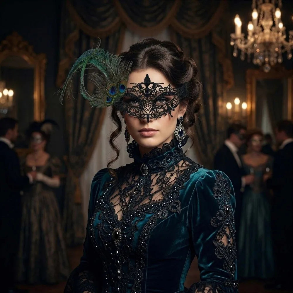 Rhinestone Half Face Masquerade Mask – Peacock Feather Venice