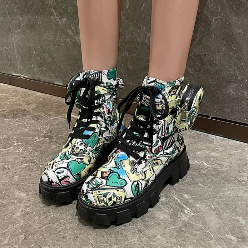 Women's Gothic Platform Ankle Boots – Printed Lace-Up Moto Style