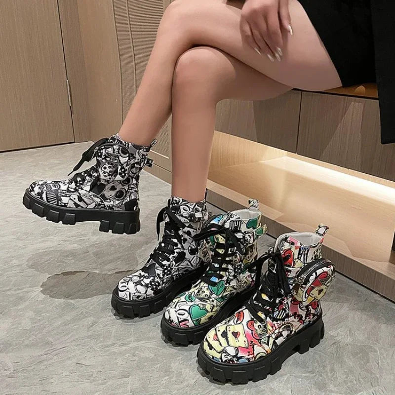 Women's Gothic Platform Ankle Boots – Printed Lace-Up Moto Style