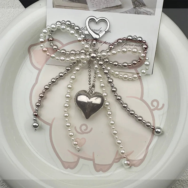 Sweet Bow Heart Bag Charm Keychain – Beaded Pendant Key Ring