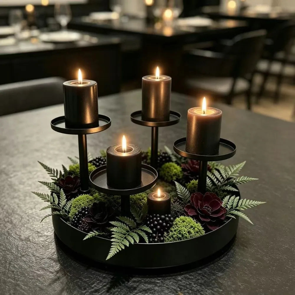 Vintage 4-Head Matte Black Metal Candelabra with Drip Tray