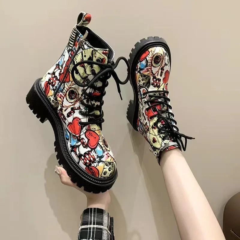Women's Gothic Printed Platform Ankle Boots – Lace-Up Moto