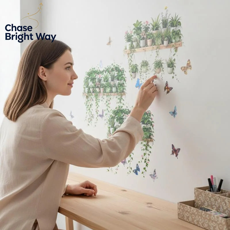 Green Plant & Butterfly Wall Decals – Removable Self-Adhesive