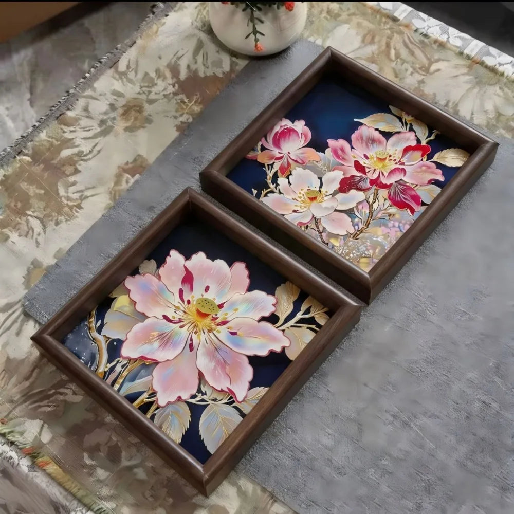 Lotus Wooden Decorative Tray – Square Raised Frame 20cm (2-Pack)