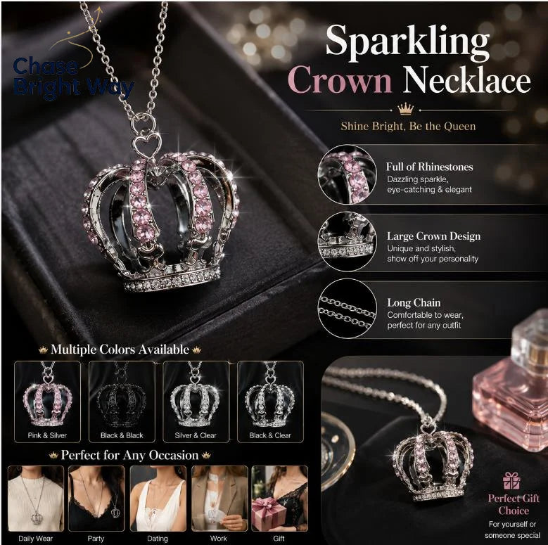 3D Rhinestone Crown Pendant Necklace – Long Sweater Chain