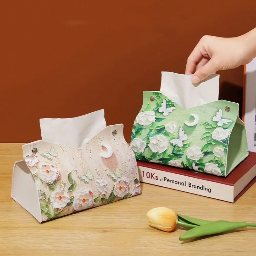 Vintage PU Leather Tissue Box Cover – Oil Painting Decor