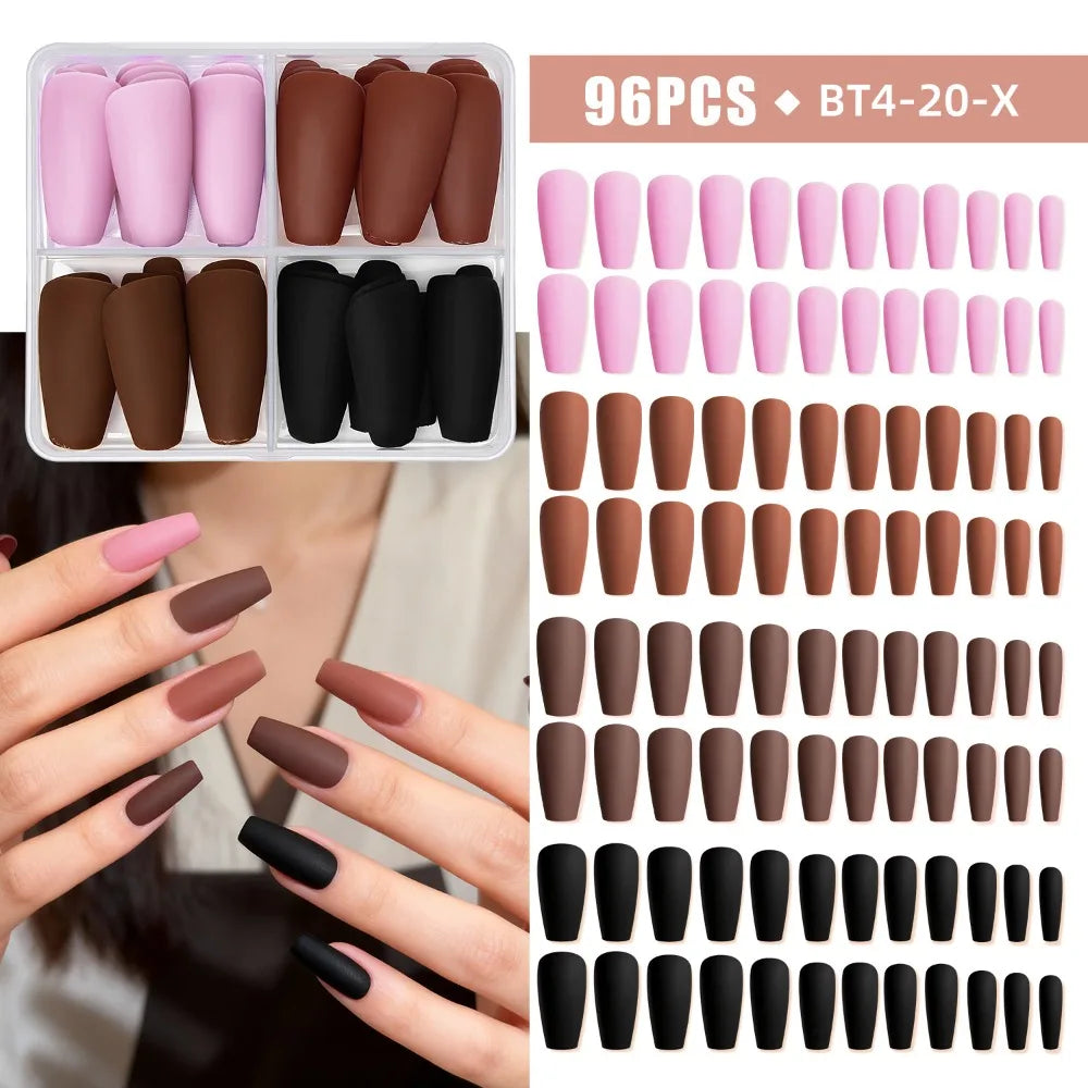 96-Pack Coffin Press On Nails – Matte Mix Color Full Cover Tips