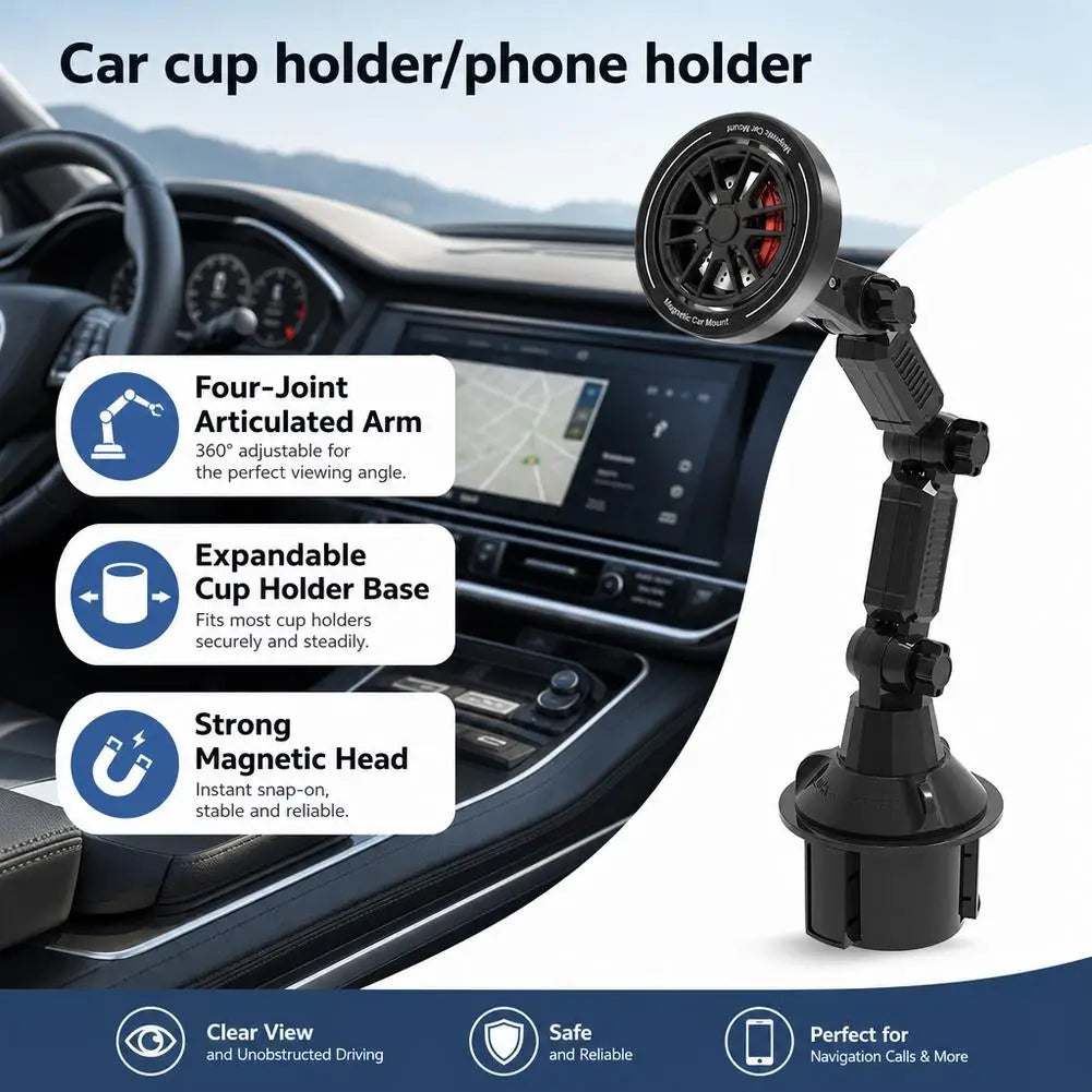 Magnetic Car Phone Mount Cup Holder – 360° Adjustable