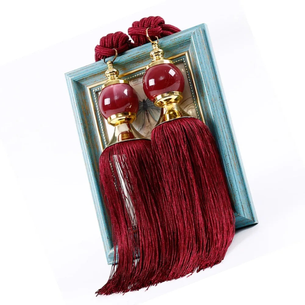Tassel Fringe Curtain Tiebacks with Jade Pendant – Set of 2