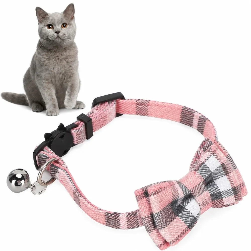 Plaid Cat Collar – Adjustable Breakaway Bowknot with Bell