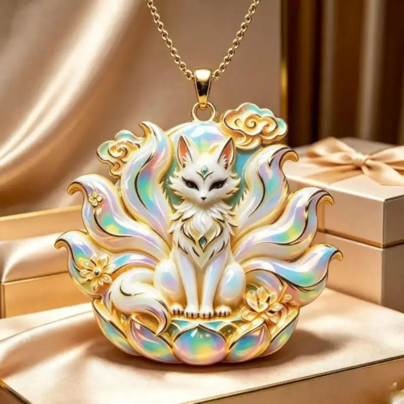 Nine Tailed Fox Enamel Pendant Necklace | Chinese Mythology