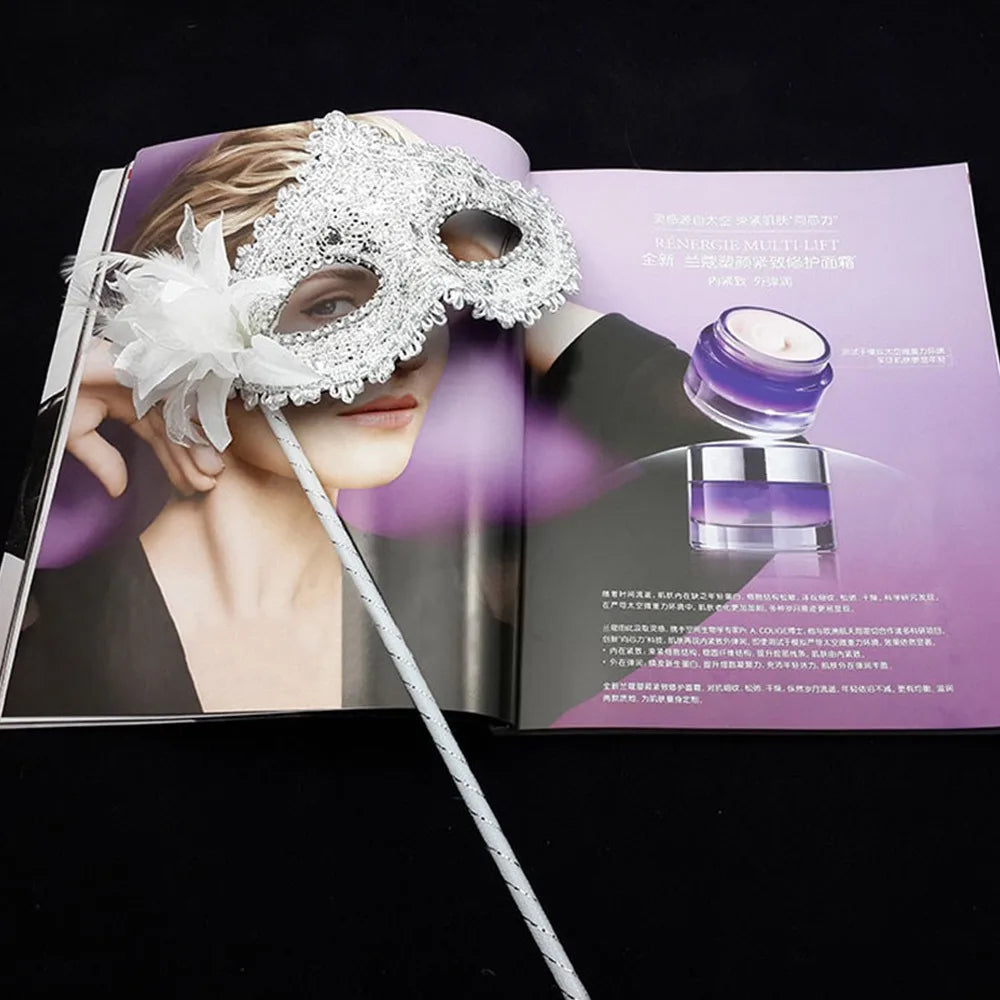 Venetian Handheld Masquerade Mask – White Lace & Feather