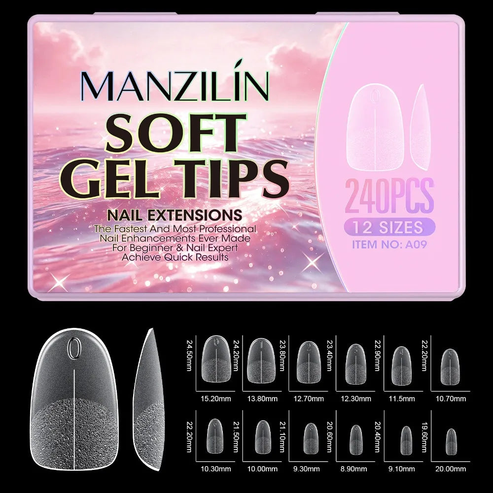 240Pcs Short Almond Soft Gel Nail Tips – 12 Sizes Full Cover