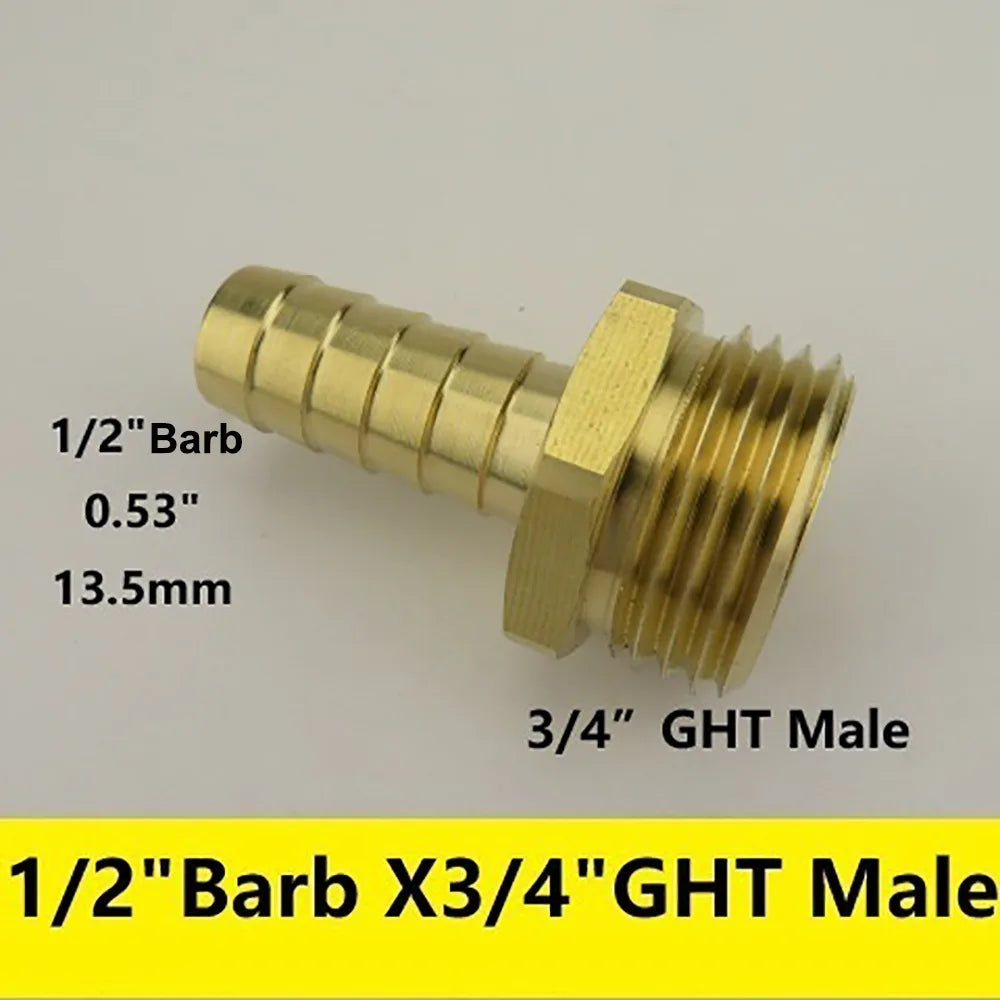Brass Barb Fitting 3/8"–3/4" x 3/4" GHT Garden Hose Adapter