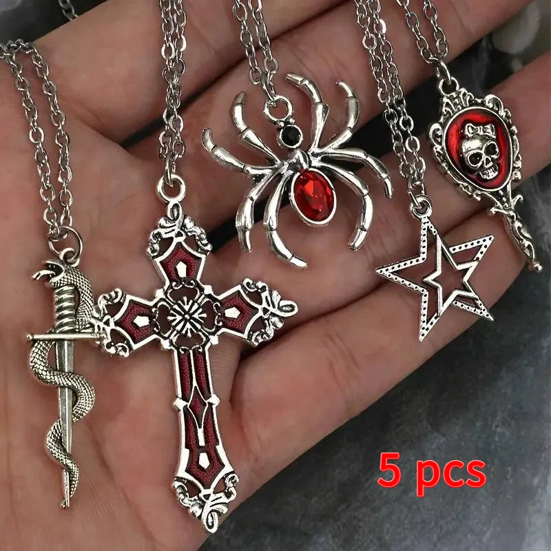 Gothic Pendant Necklace Set – 5 Pcs Heart, Bat & Cross