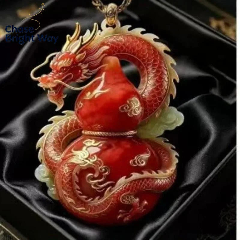 Blue Jade Gourd Dragon Pendant Necklace | Gold Ethnic Jewelry