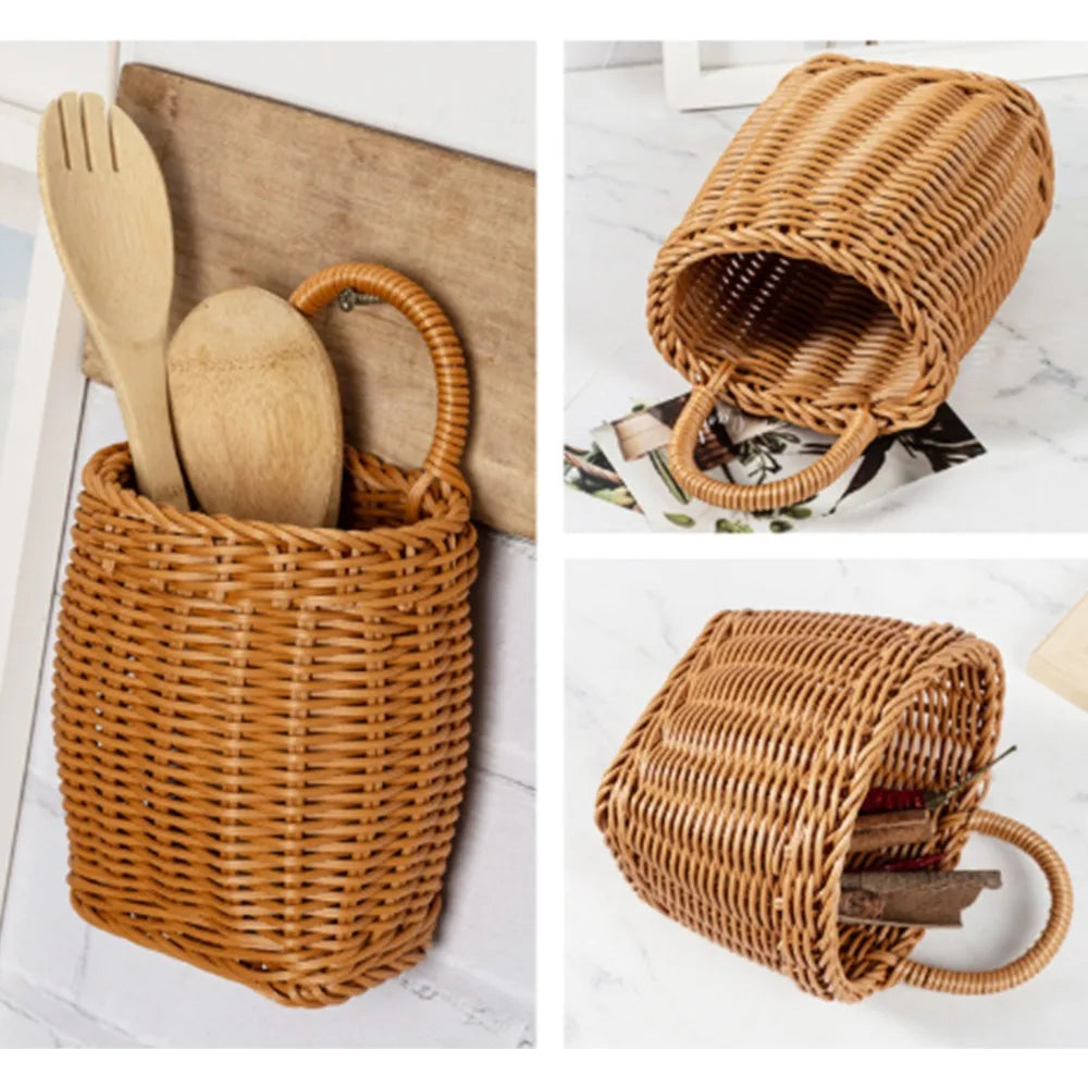 Woven Wicker Wall Hanging Basket – Rattan Storage Organizer