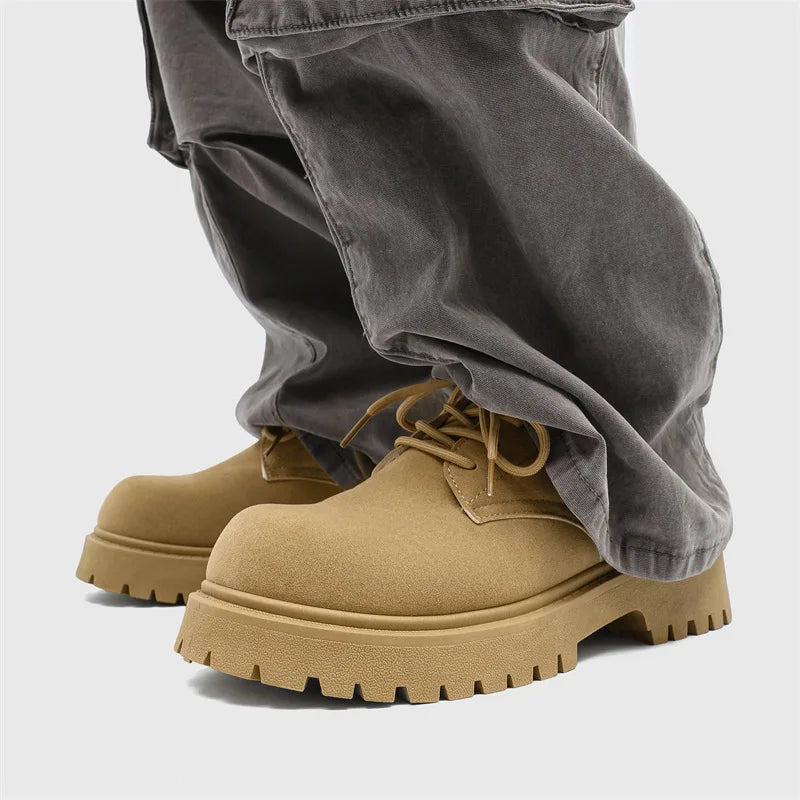 Men's Chunky Derby Boots – Retro Lace-Up Faux Suede Low-Top