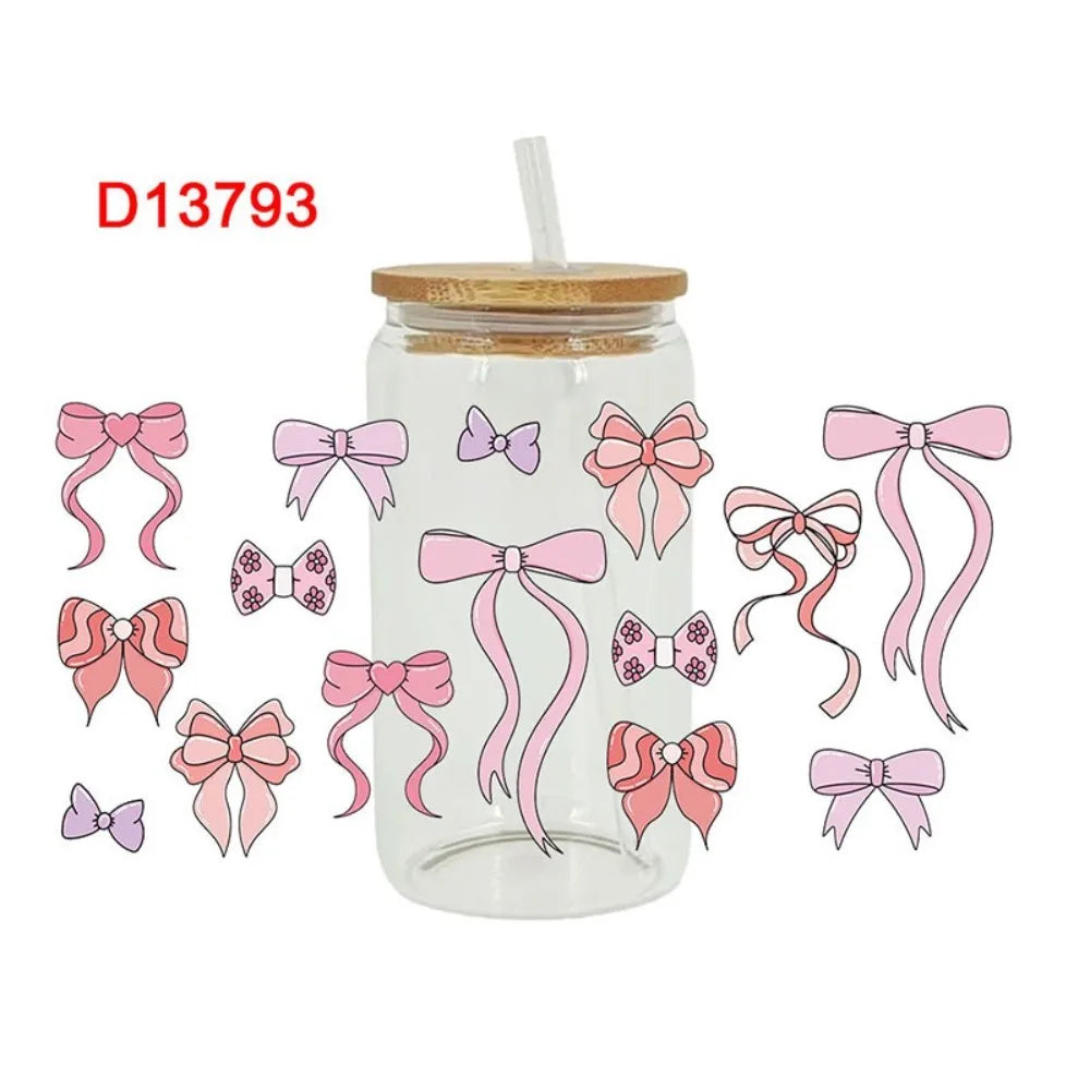 UV DTF Pink Bow Sticker – Waterproof Wrap for 16oz Glass Cups