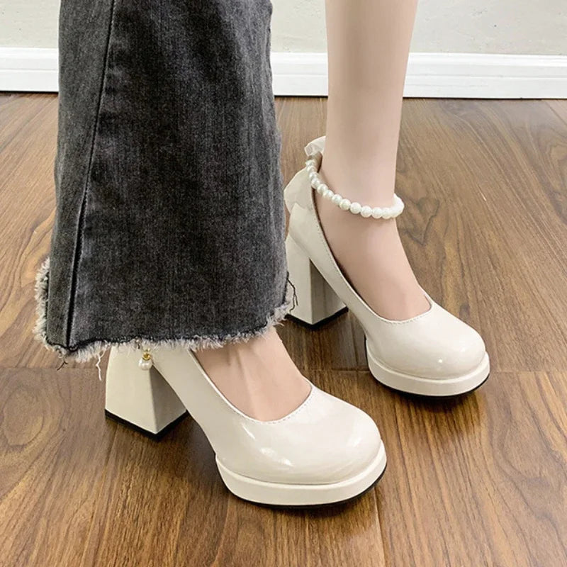 LEDP Pearl Bow Mary Jane Pumps – Women's Square Heel Party Shoes