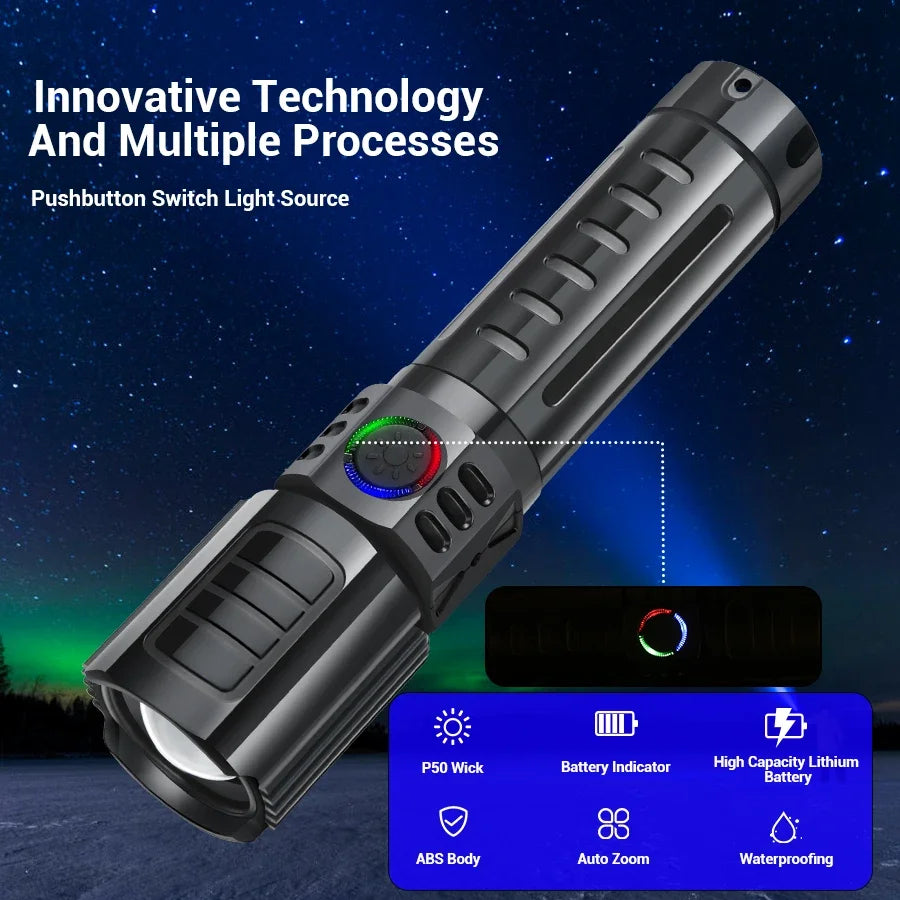 XHP50 LED Flashlight 2000LM Zoomable USB-C Rechargeable Torch