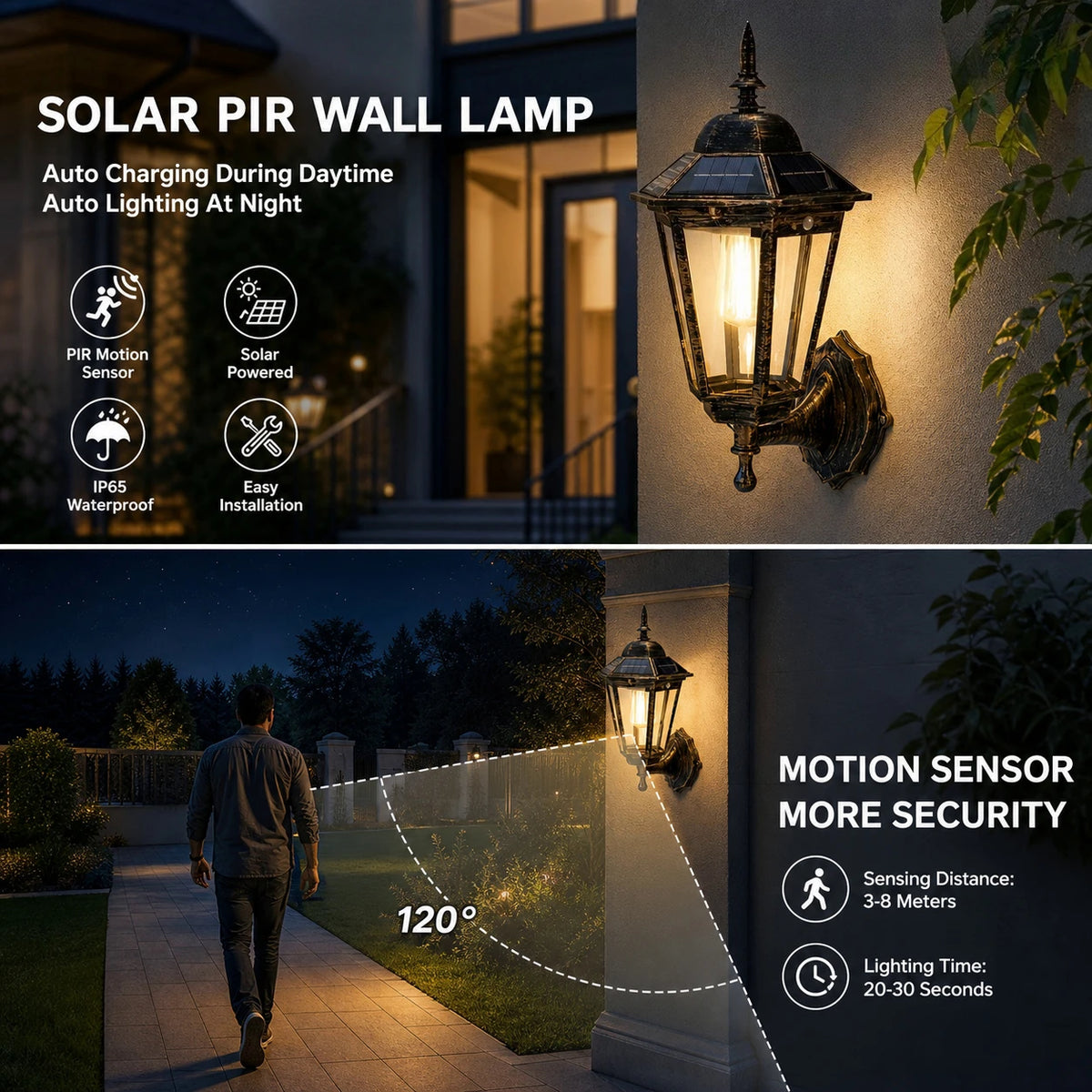 Solar Vintage Outdoor Wall Light | Motion Sensor & IP65 Waterproof